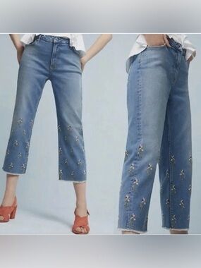 Pilcro and The Letterpress Light Blue Cropped Floral Flower Embroidered Jeans